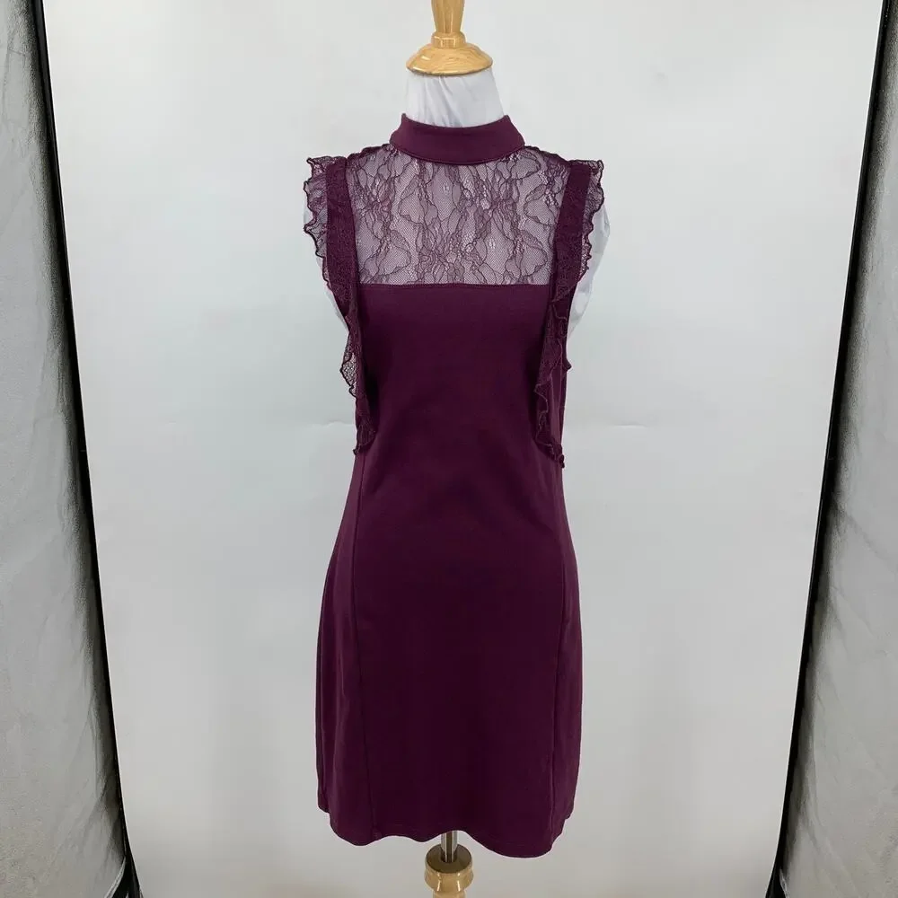 Free People Dress Women M Medium Eggplant Beaumont Muse Ruffled Lace Trim Sheath